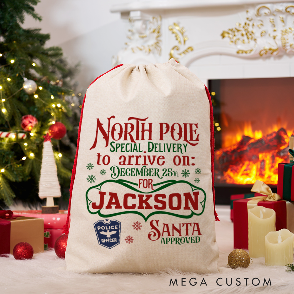 Personalized North Pole Santa Sack with Festive Christmas Design Perfect Holiday Gift for Police Officer
