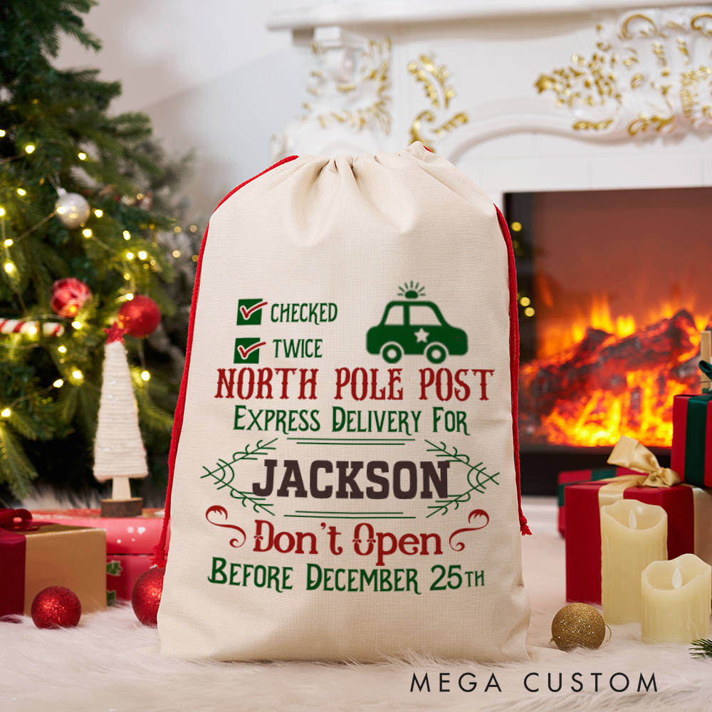Personalized North Pole Post Sack with Festive Christmas Design Checked Twice Perfect Holiday Gift for Police Officer