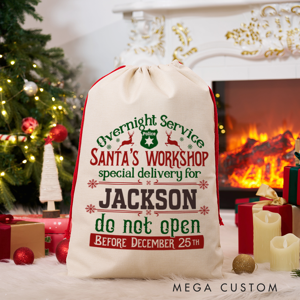 Personalized Santa's Workshop Sack with Festive Christmas Design Overnight Service Perfect Holiday Gift for Police Officer
