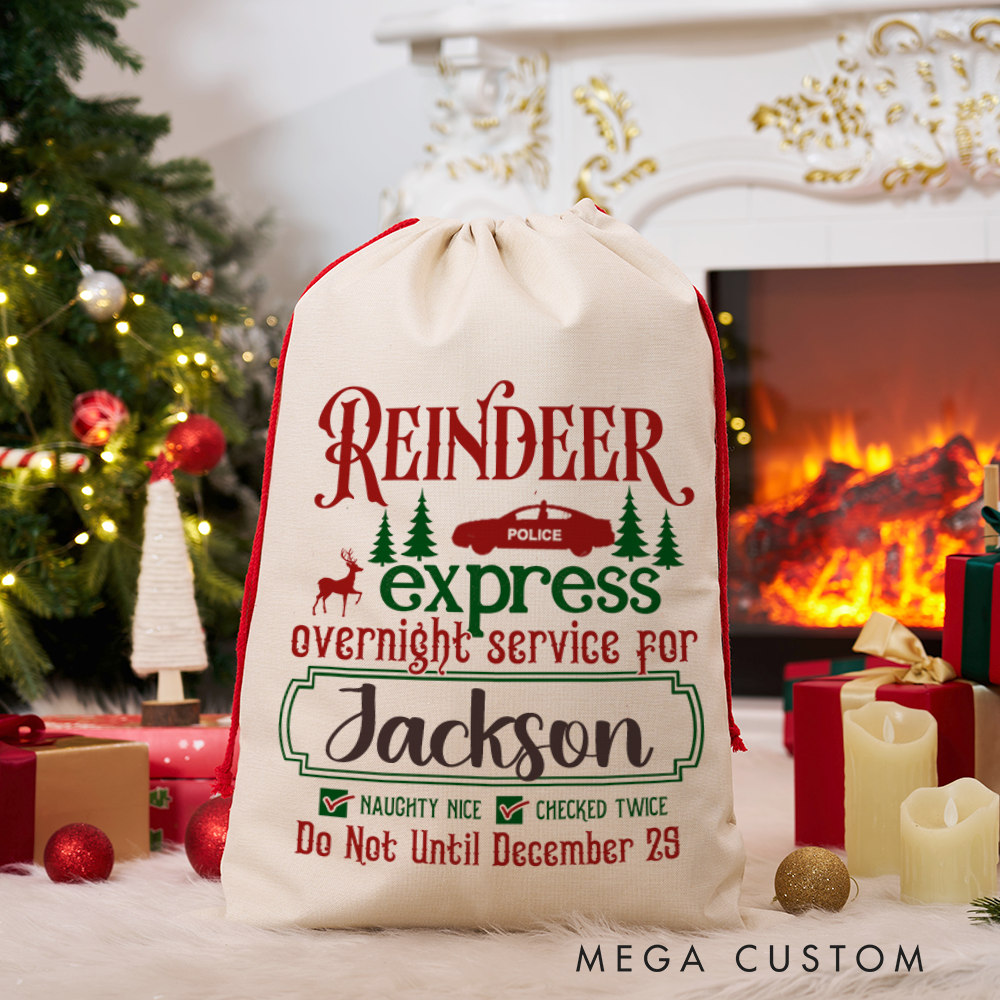 Personalized Reindeer Express Sack with Festive Christmas Design Checked Twice Perfect Holiday Gift for Police Officer