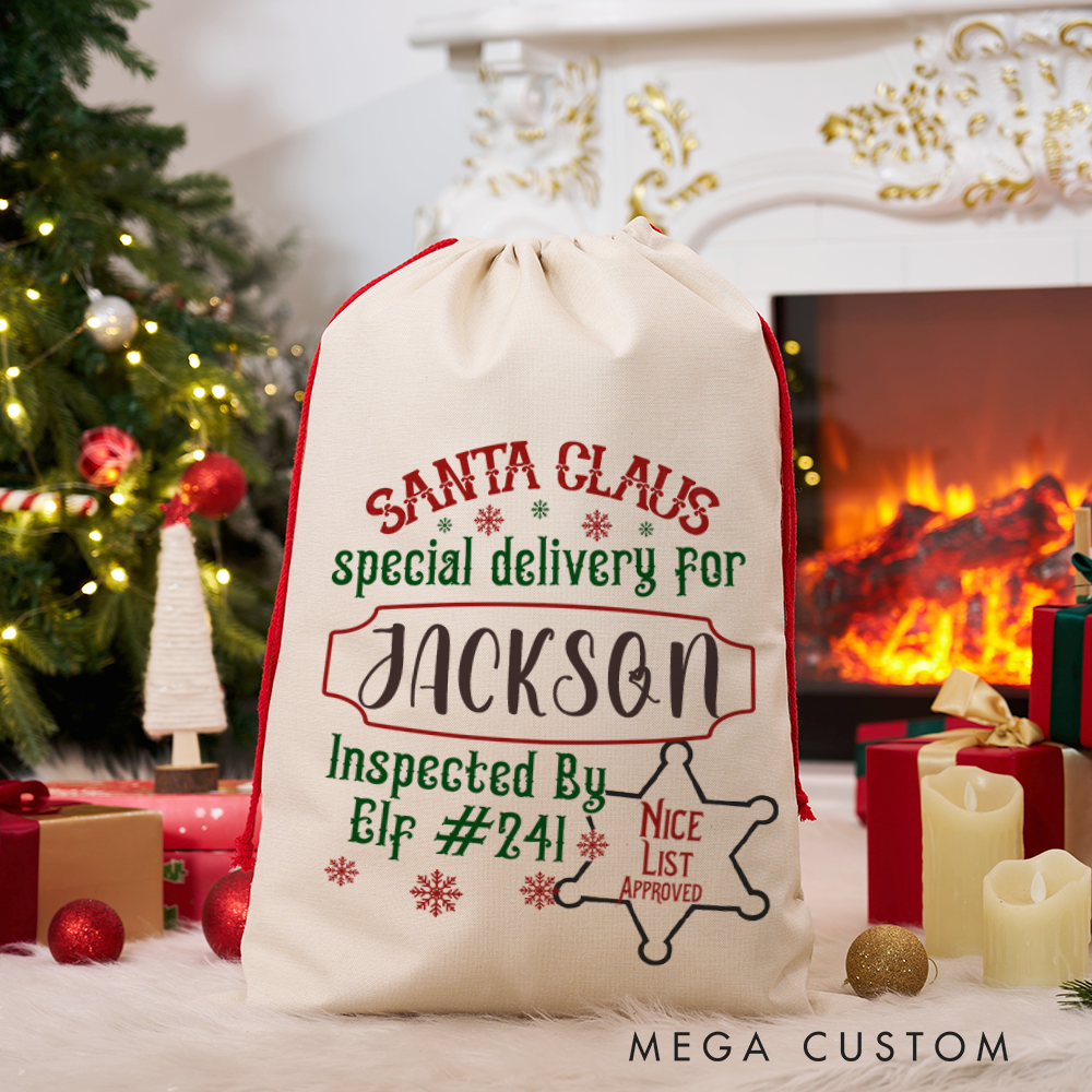 Personalized Santa Claus Sack with Festive Christmas Design Nice List Approved Inspected by Elf Perfect Holiday Gift for Police Officer