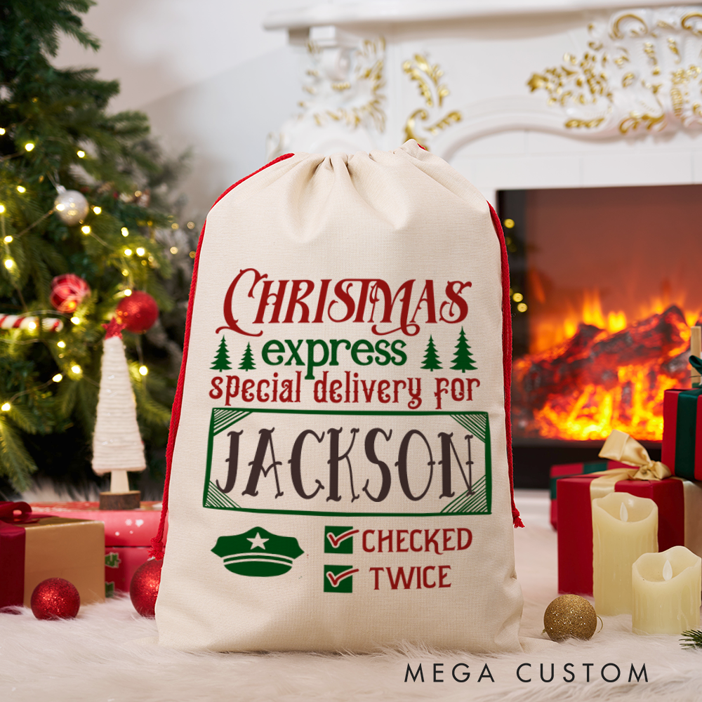 Personalized Christmas Express Sack with Festive Design Checked Twice Perfect Holiday Gift for Police Officer