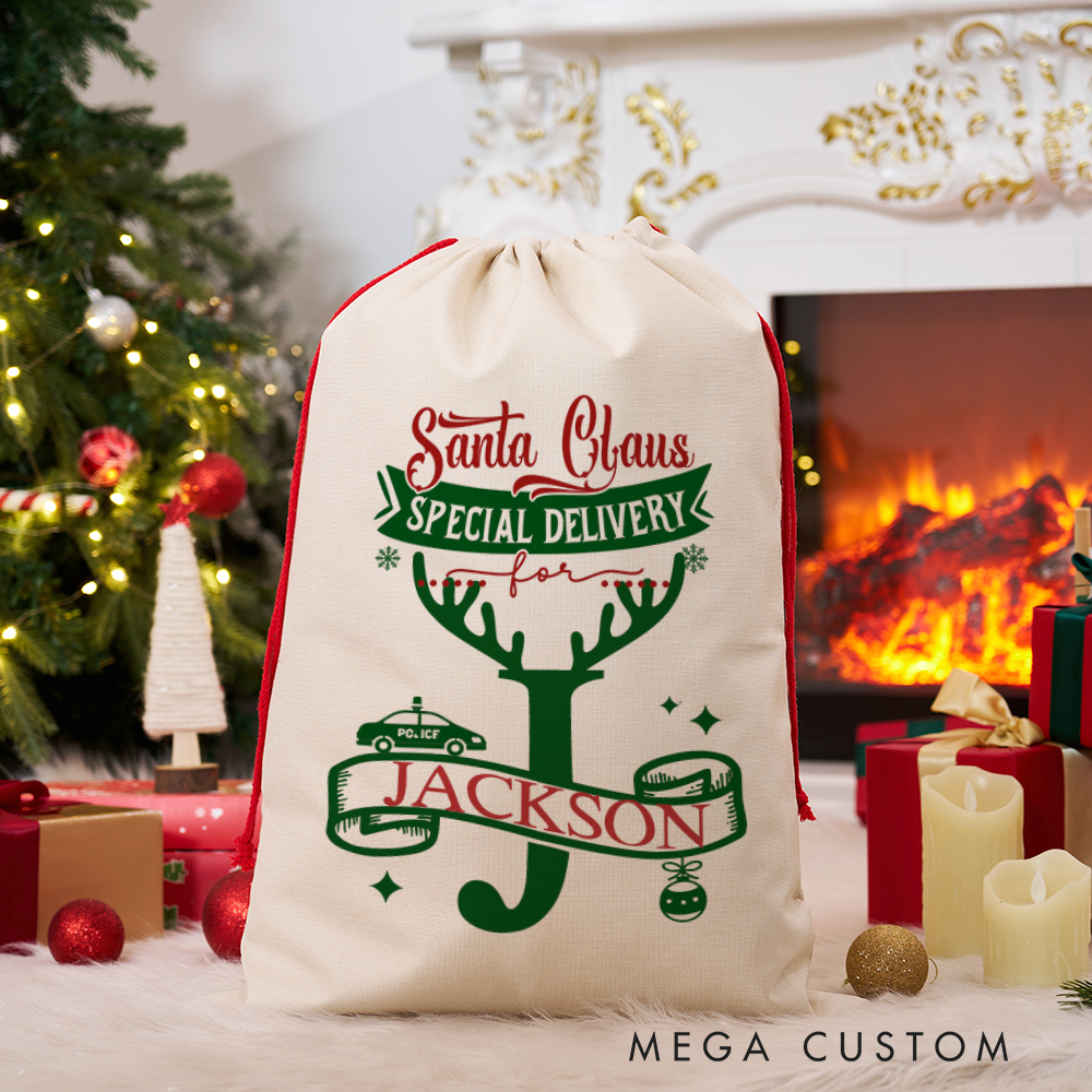 Personalized Santa Claus Special Delivery Sack with Festive Design Perfect Holiday Gift for Police Officer