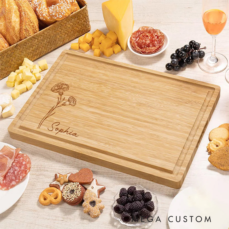 Personalized Line Style Birth Flower Cutting Board for Bakers Bamboo Charcuterie Serving Tray Thanksgiving Bread Board for Baking Lover Gift