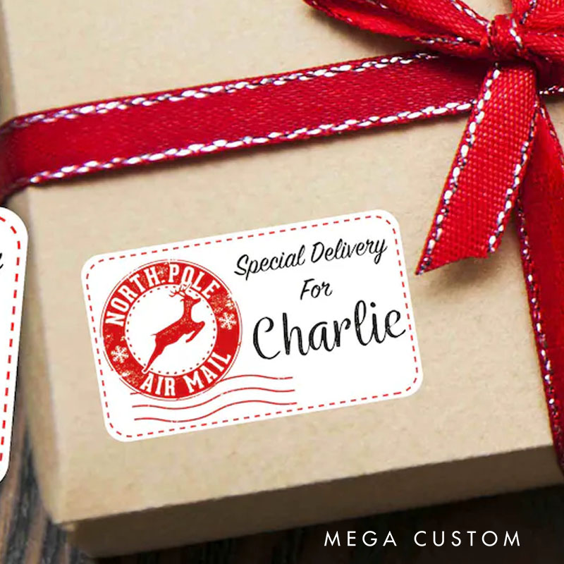 Personalized Special Delivery Gift Sticker with Reindeer Stamp and Custom Name for a Magical Holiday Surprise
