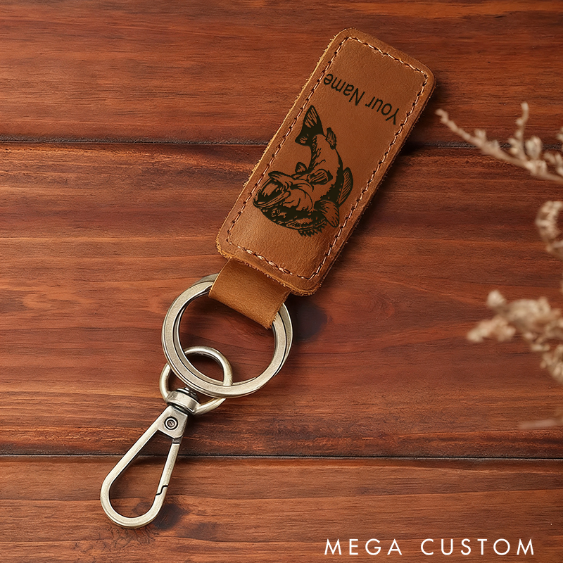 Personalized Engraving Bass Fish Keychain Faux Leather Rectangle Keychain Perfect Gift for Fishing Lover