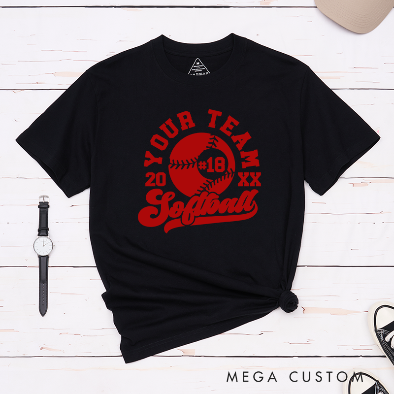 Personalized Softball Team T-Shirt Design Featuring Customizable Team Name Bold Softball Graphic Player Number and Year