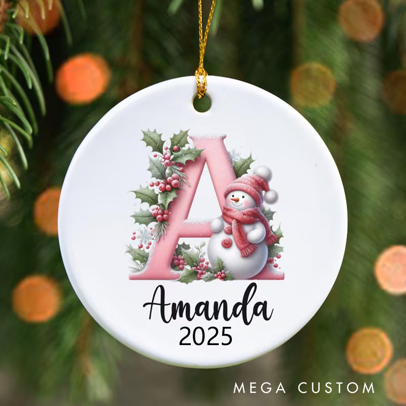 Personalized Initial Christmas Ornament with Snowman and Festive Greenery Featuring Name and Year for Holiday Cheer