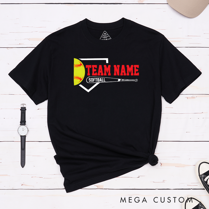 Personalized Softball Team T-Shirt Design Featuring Customizable Team Name Bold Home Plate Graphic Yellow Softball and Bat Element