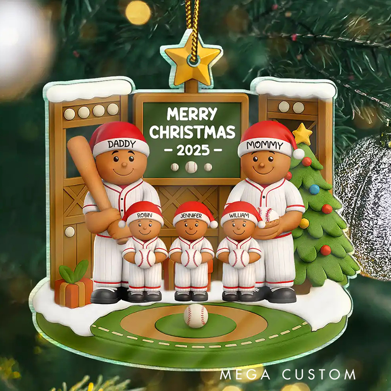 Personalized Acrylic 3D Christmas Ornament Baseball Gingerbread Family on the Field with Custom Family Details