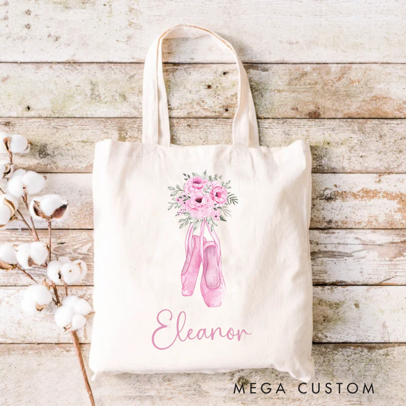 Personalized Flowery Ballet Shoes Tote Bag Dance Bag Ballet Lover Tote with Name for Dance Lovers Dancer