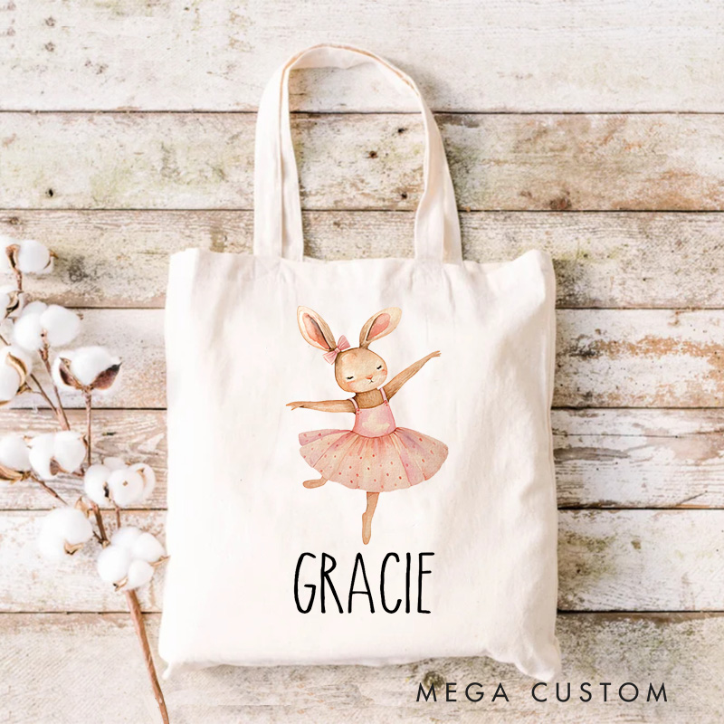 Personalized Charming Bunny Ballerina Tote Bag Dance Bag Ballet Lover Tote with Name for Dance Lovers Dancer