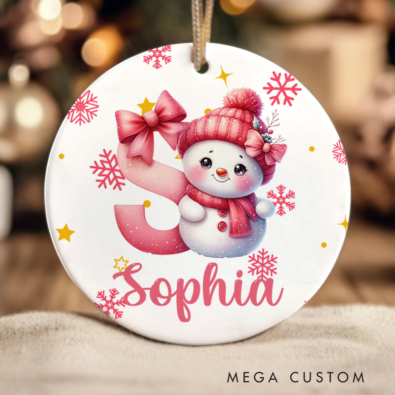 Personalized Cute Cartoon Santa Hat Snowman Initial Ceramic Christmas Ornament with Name Christmas Gift
