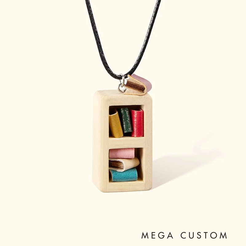 Personalized Handmade Miniature Bordeaux Bookshelf Necklace with Name Wooden Necklace with Name and Leather Books Gift for Bookworms Book Lovers Gift