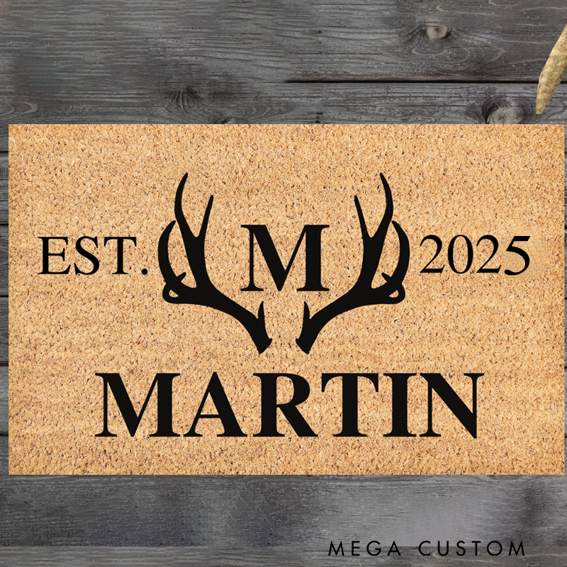 Personalized Name Doormat Antlers Deer Ranch Welcome Mat Rug Hunting Country Home Decor Custom Hunter Gift