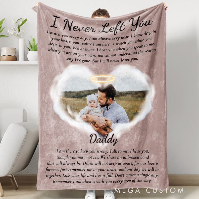 Personalized I Never Left You Memorial Blanket Memorial Photo Blanket Loss of Father Blanket Sympathy Blanket In Heaven Blanket