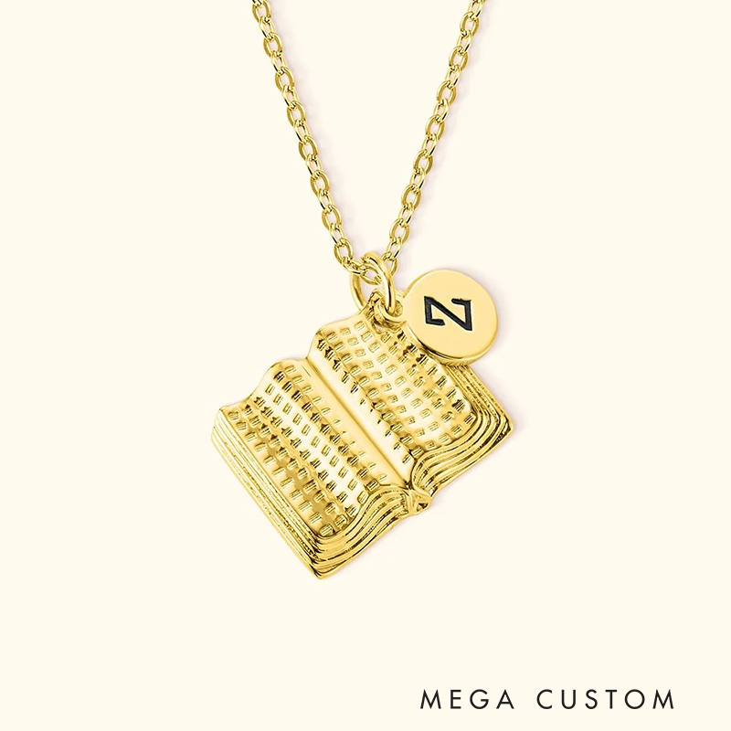 Personalized Book Charm Necklace with Engraved Letter Birthday Gift for Book Lovers Writer Gift