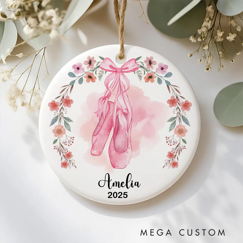 Personalized Watercolor Floral Ballet Shoes Ceramic Christmas Ornament Dance Lovers Christmas Gift Dancer Xmas Gift Christmas Decor