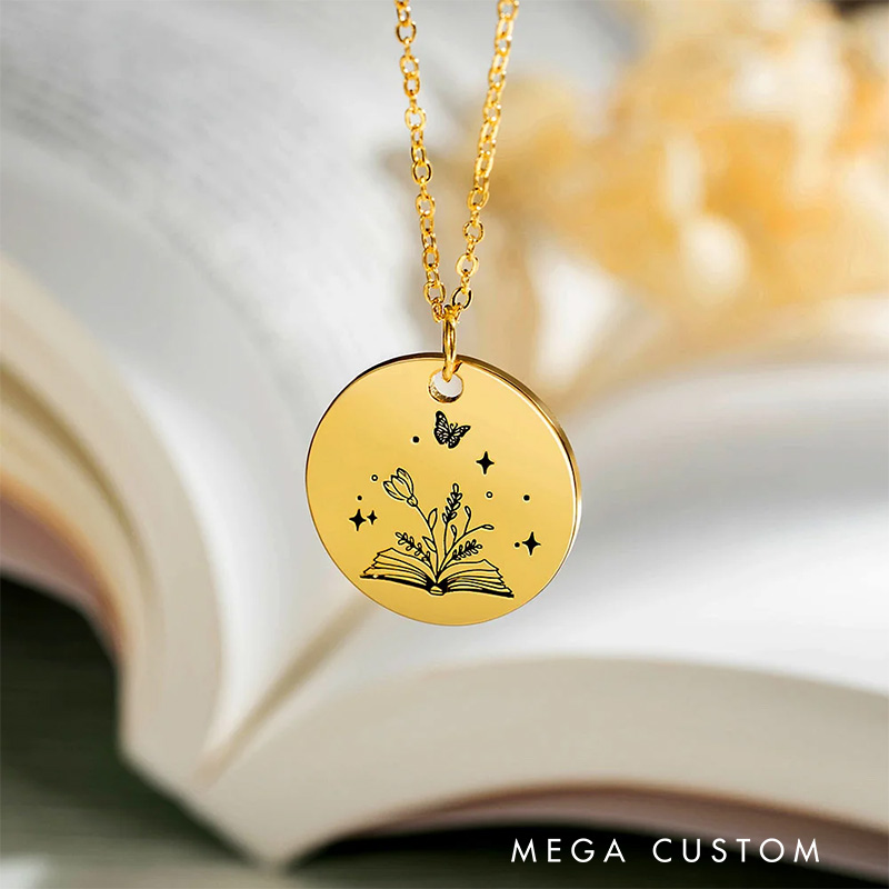 Personalized Open Book Birth Flower Bouquet Necklace Engraved Necklace with Name Text Birthday Gift for Book Lover Librarian Gift