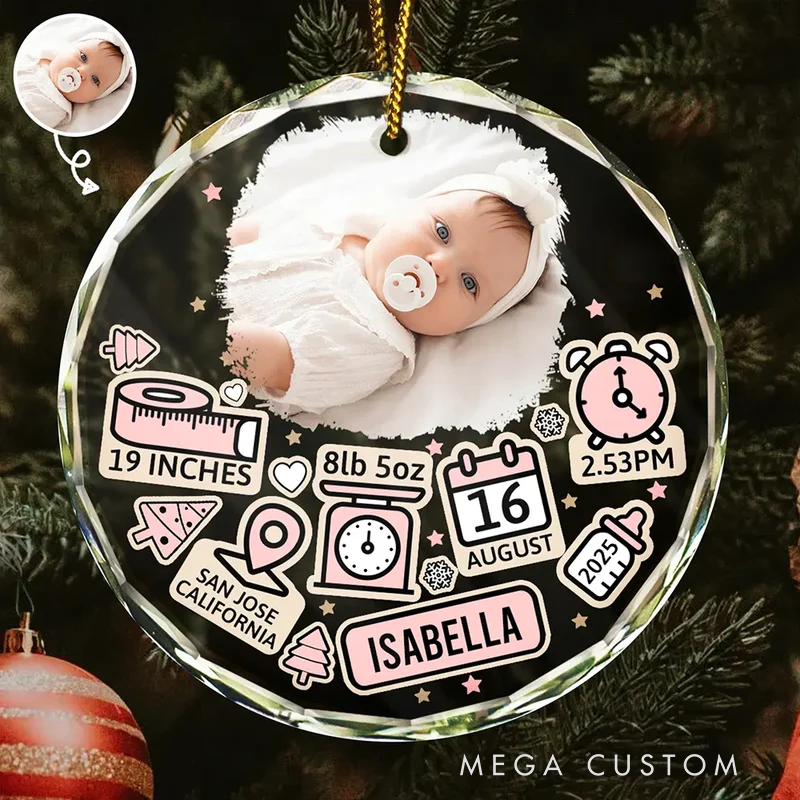 Personalized Photo Baby First Christmas Circle Glass Ornament
