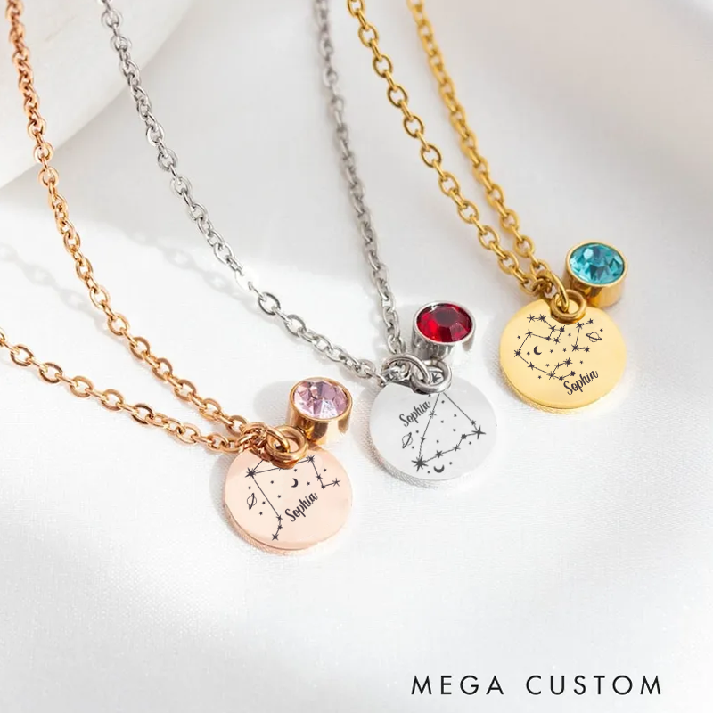 Personalized Zodiac Birthstone Necklace Zodiac Sign Name Necklace Custom Zodiac Necklace Constellation Necklace Birthday Gift