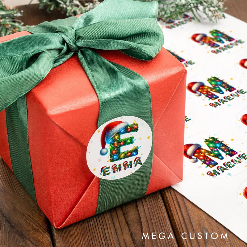 Personalized Santa Hat Color Lights Waterproof Sticker with Initial Name Gift Decoration Christmas Party Gift for Family Kids