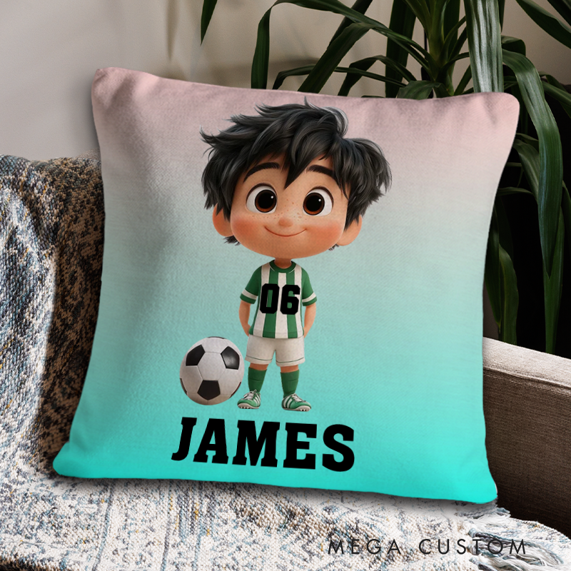 Personalized Soccer Pillow with Custom Name and Cute Cartoon Character Design