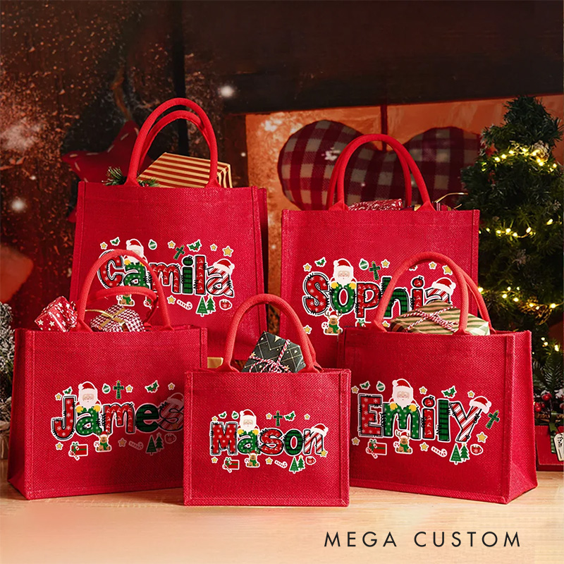 Personalized Cross Santa Claus Christmas Theme Alphabet Large Jute Tote Bag with Name Religious Christmas Festival Party Gift for Kids Family Friends