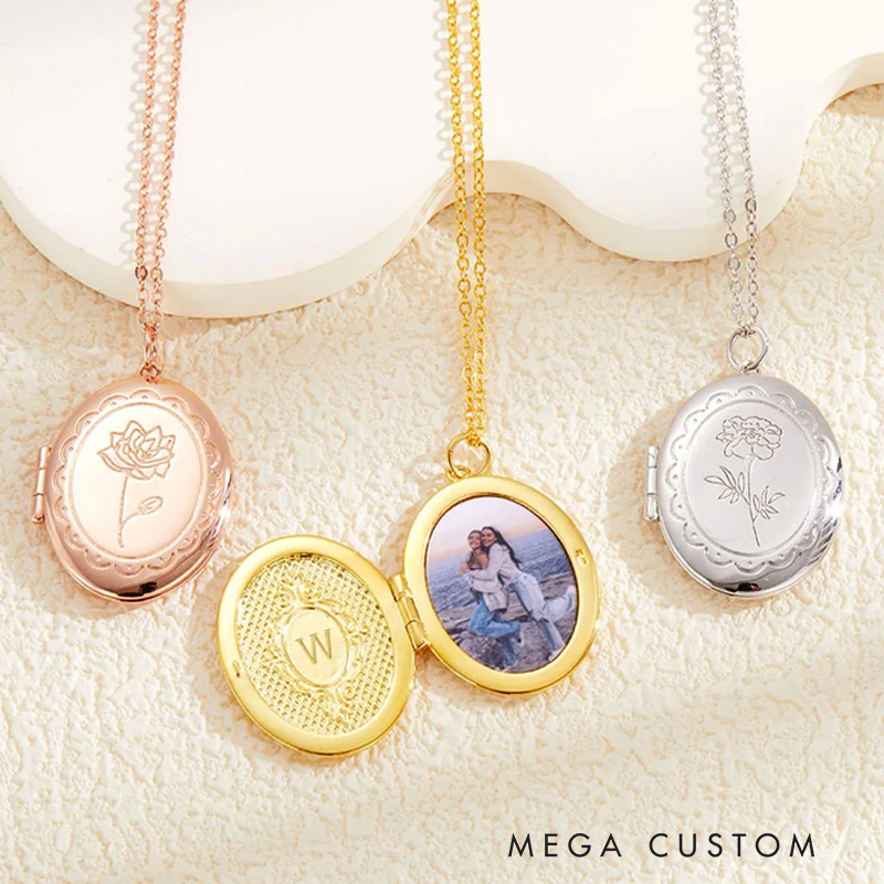 Personalized Engraved Birth Flower Locket Necklace with Photo and Initial Mother's Day Birthday Gift for Women Gardening Lovers