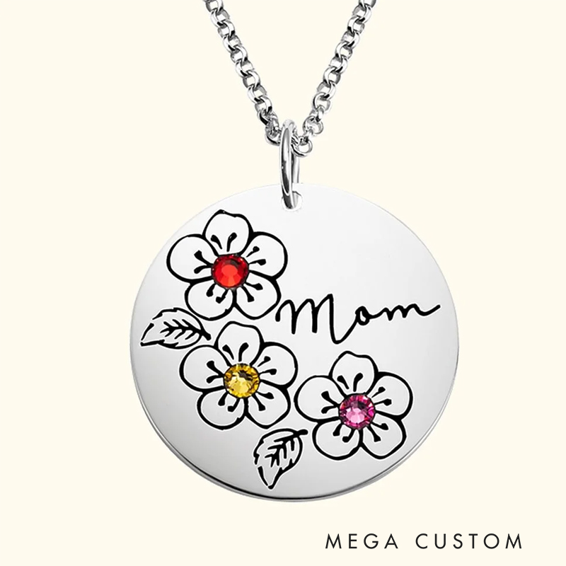 Personalized Family Birthstone Sakura Flower Necklace with Engraved Name Dainty Jewelry Mother's Day Birthday Gift for Her