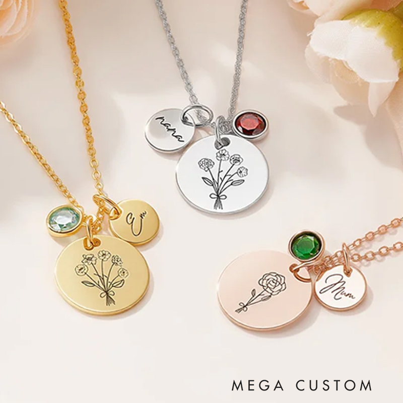 Personalized Disc Birth Flower Birthstone Pendant Necklace with Engraved Name Dainty Jewelry Mother's Day Birthday Gift for Her