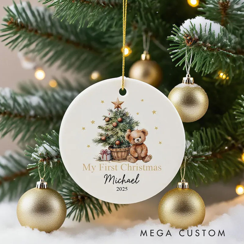 Personalized My First Christmas Ornament with Teddy Bear and Festive Tree Featuring Name and Year for Cherished Memories