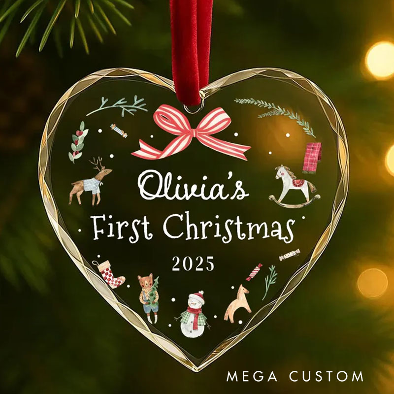 Personalized First Christmas Ornament with Festive Illustrations and Ribbon Featuring Name and Year for Holiday Joy