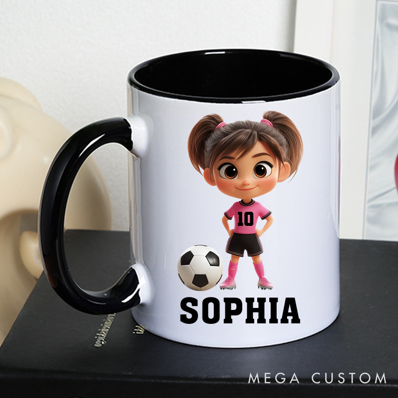 Personalized Soccer Mug with Custom Name and Cartoon Character Design