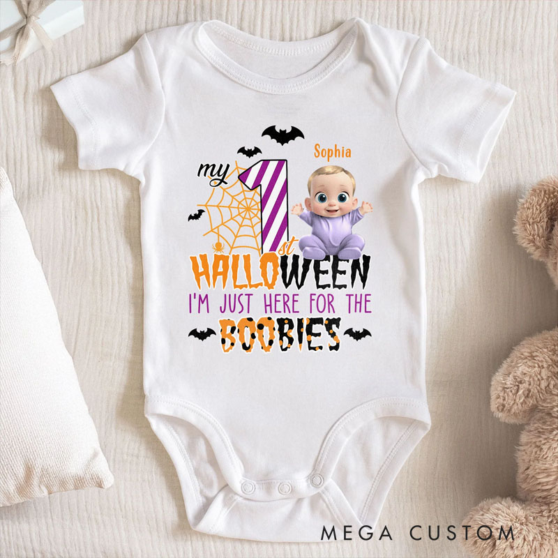 Personalized First Halloween Baby Bodysuit with Cute Character and Fun Message for a Spooky and Adorable Celebration