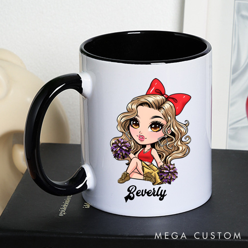 Personalized Cheerleader Mug with Custom Name and Cute Cartoon Design