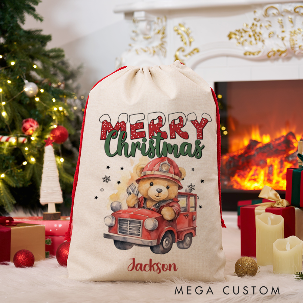 Personalized Merry Christmas Sack with Firefighter Theme Adorable Teddy Bear Design Perfect Holiday Gift for Firefighters