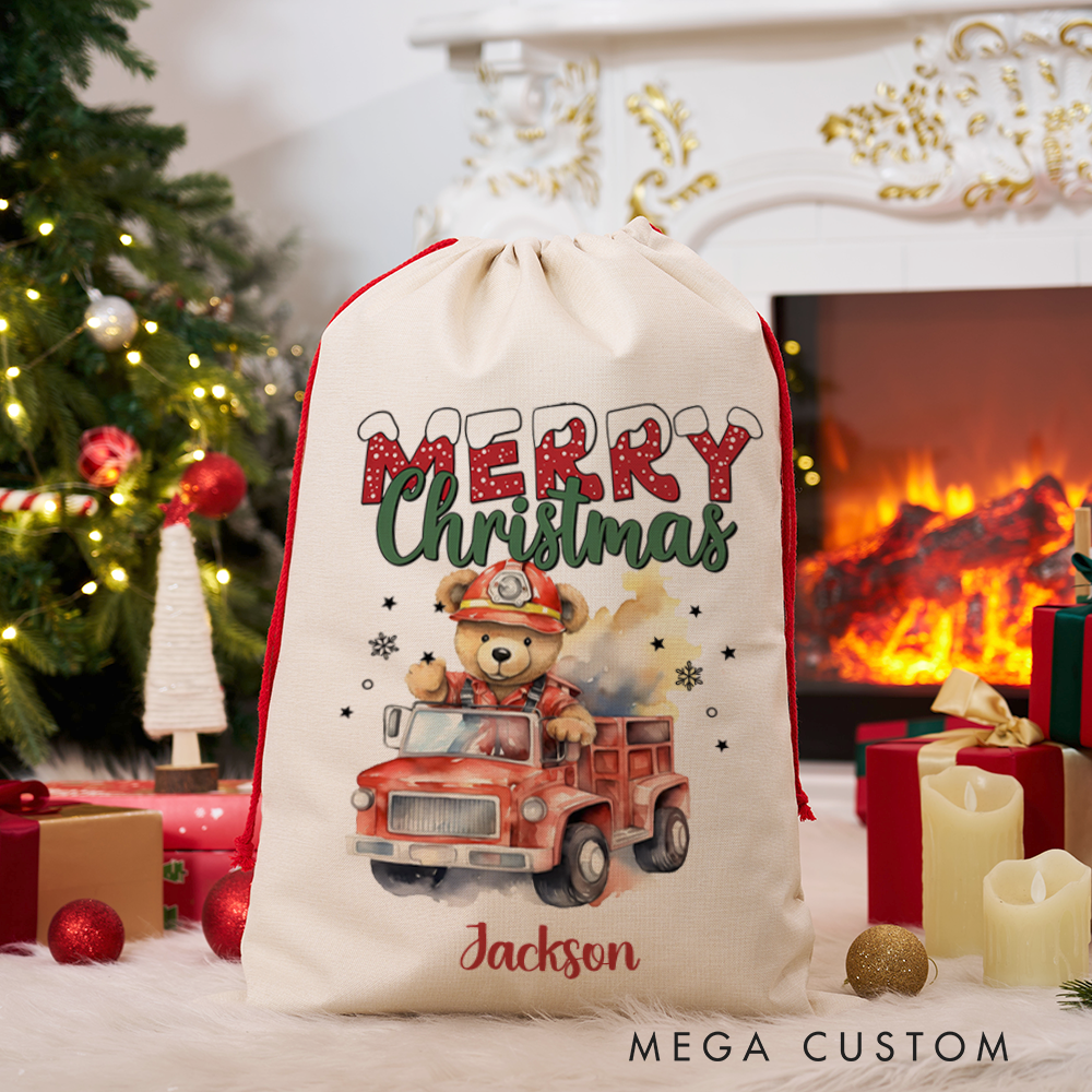 Personalized Merry Christmas Sack with Firefighter Theme Featuring Adorable Teddy Bear Design Perfect Holiday Gift for Firefighters