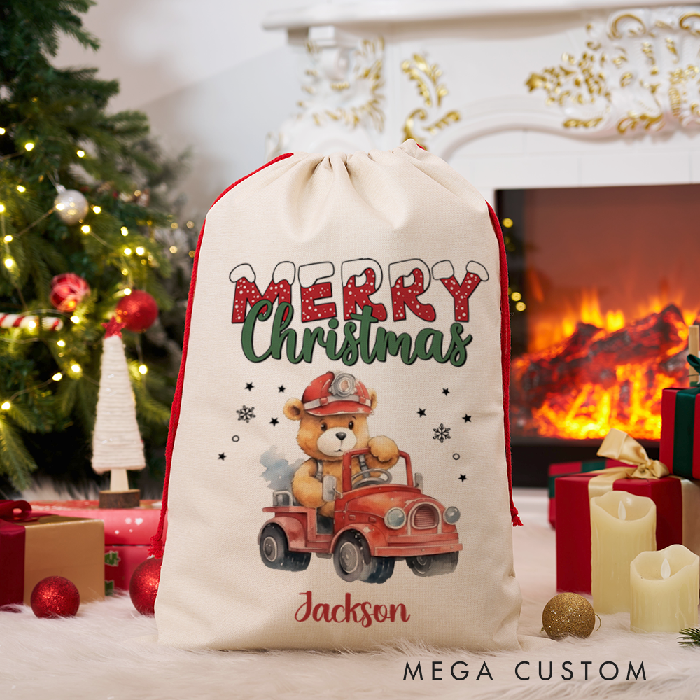 Personalized Merry Christmas Sack with Firefighter Cute Teddy Bear in Fire Truck Design Perfect Holiday Gift for Firefighters