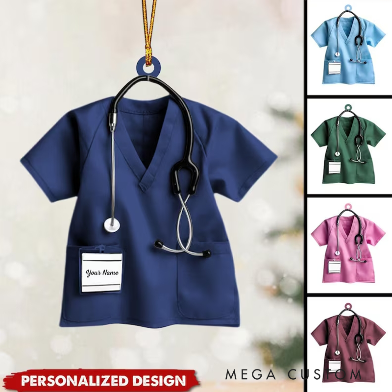 Personalized Scrubs Ornament with Stethoscope Custom Name Acrylic Ornament Christmas Gift for Nurse