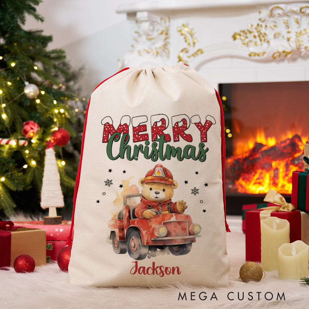 Personalized Merry Christmas Sack with Firefighter Teddy Bear Driving a Fire Truck Perfect Holiday Gift for Firefighters