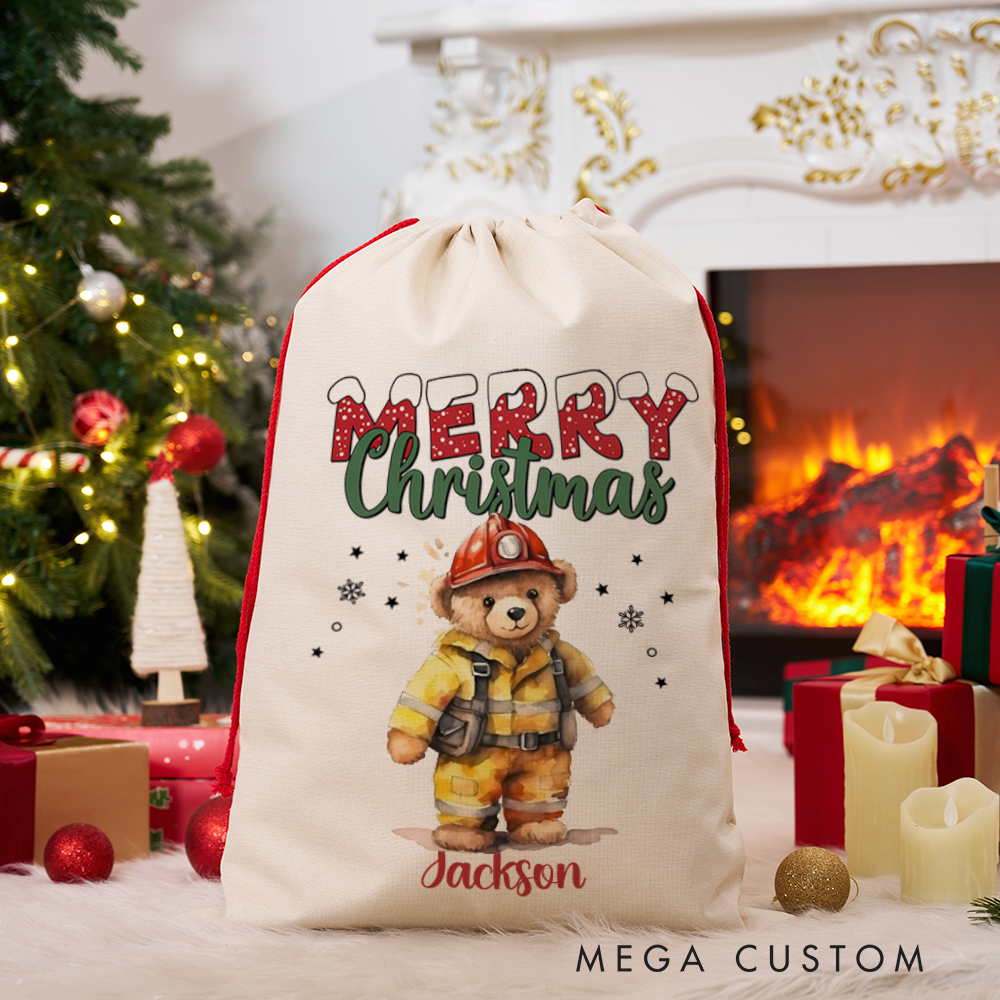 Personalized Merry Christmas Sack with Firefighter Theme Teddy Bear in Firefighter Gear Perfect Holiday Gift for Firefighters