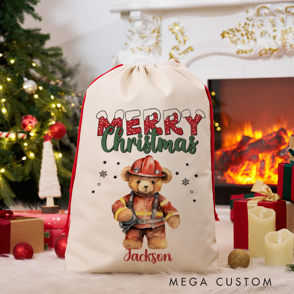 Personalized Merry Christmas Sack with Firefighter Teddy Bear in Firefighter Uniform Perfect Holiday Gift for Firefighters