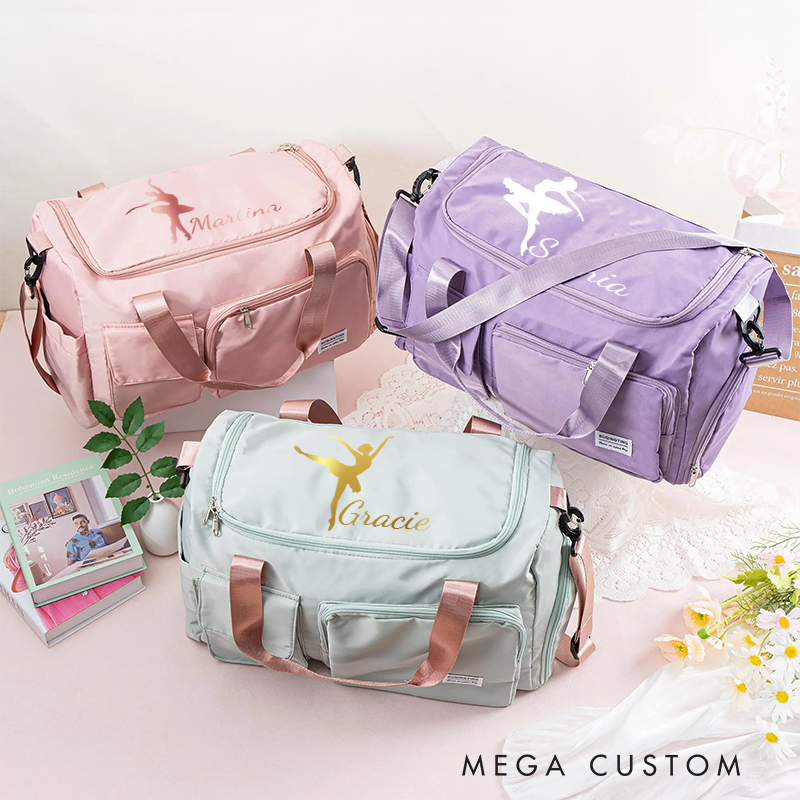 Personalized Ballet Silhouette Name Waterproof Large Travel Duffle Bag Dance Bag with Shoe Compartment and Shoulder Strap for Dance Lover