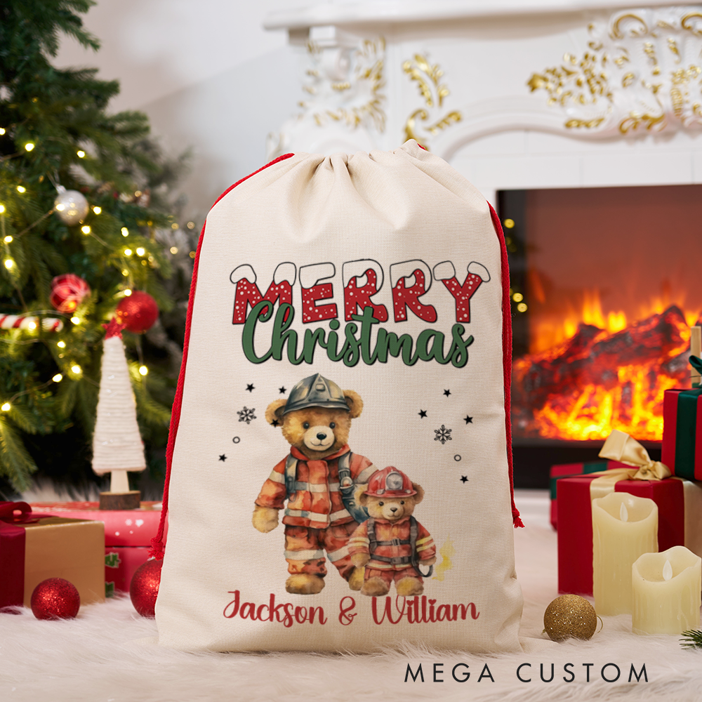 Personalized Merry Christmas Sack with Firefighter Teddy Bears in Firefighter Uniforms Perfect Holiday Gift for Firefighters