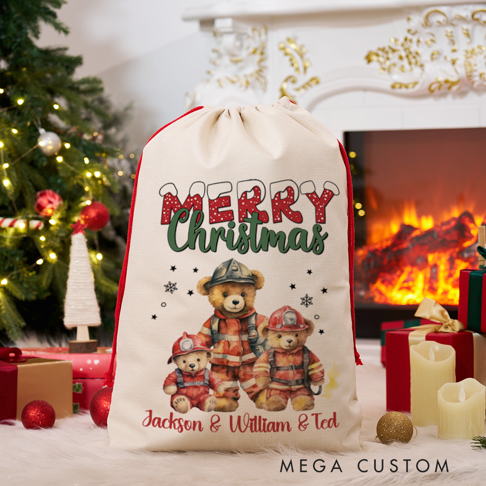 Personalized Merry Christmas Sack with Firefighter Design Perfect Holiday Gift for Firefighters