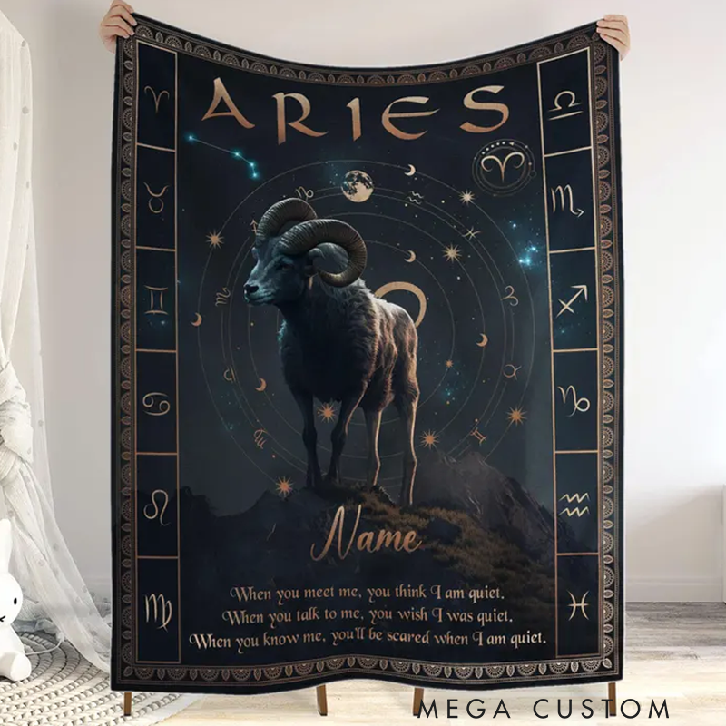 Personalized Zodiac Aries Blanket Customized Name Constellations Blanket 12 Horoscope Astrology Blanket, Horoscope Blanket Gift for Aries