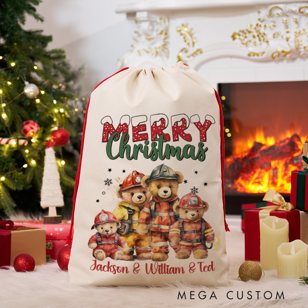 Personalized Merry Christmas Sack Teddy Bear Family with Firefighter Design Perfect Holiday Gift for Firefighters