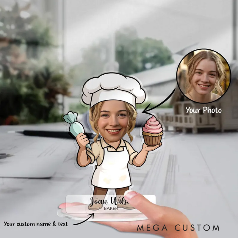 Personalized Baker Figurine Christmas Ornament Photo Caricature Portrait Desk Name Ornament Acrylic Shelf Sign Bakery Shop Decor for Baking Lover Gift