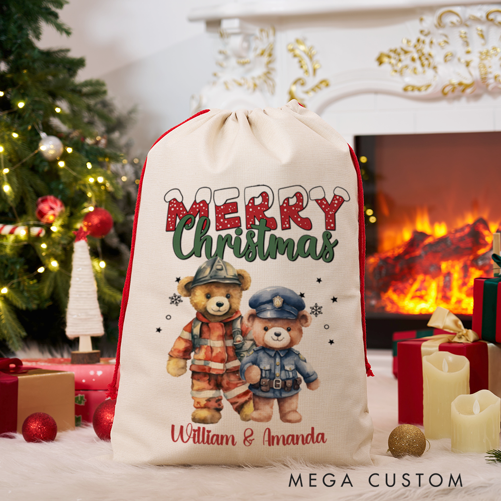Personalized Merry Christmas Sack Firefighter and Police Officer Design Perfect Holiday Gift
